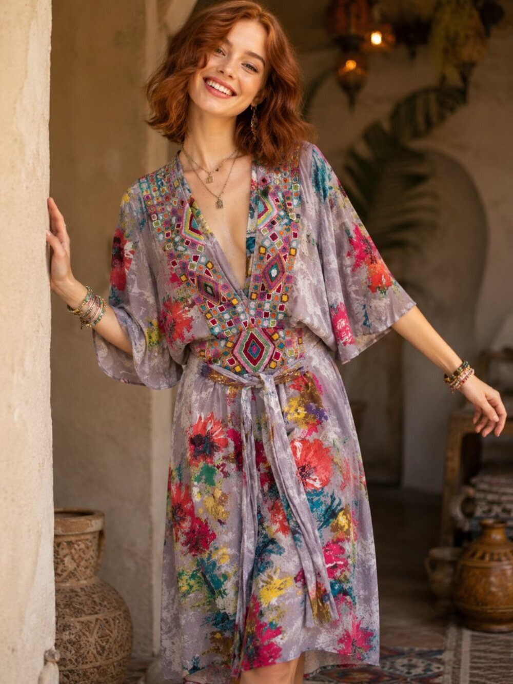 Boho Floral Bead Maxi Dress Kimono Sleeve